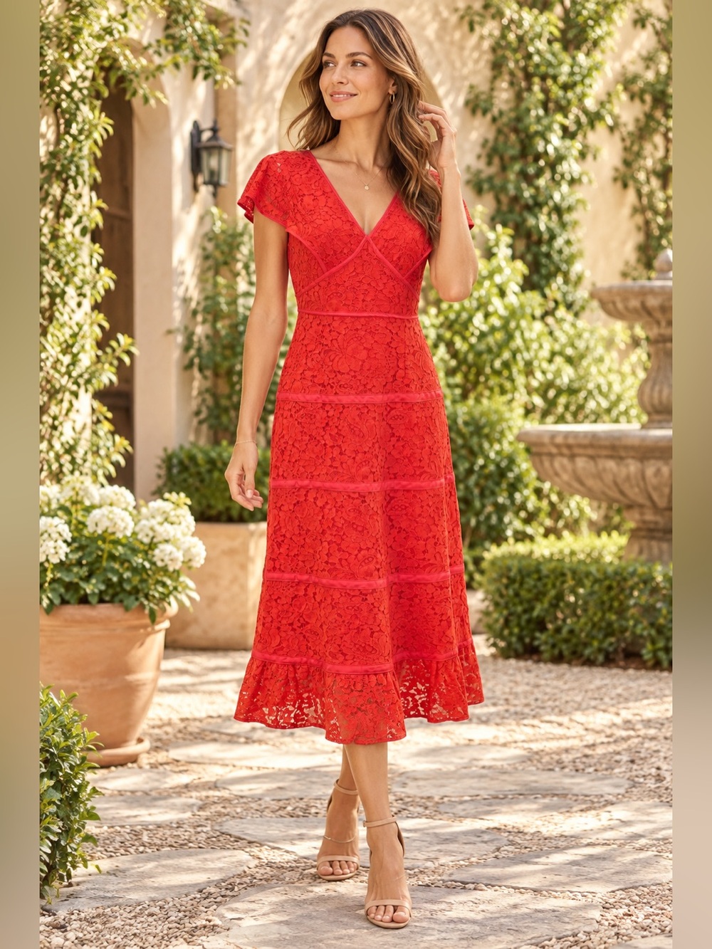 Nanette Lepore Red Lace Midi Dress Size 6
